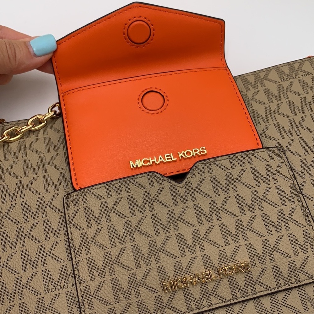 Michael Kors Jet Set LG 2 in 1 card case wristlet Wallet POPPY BROWN SIGNATURE - Picture 4 of 16